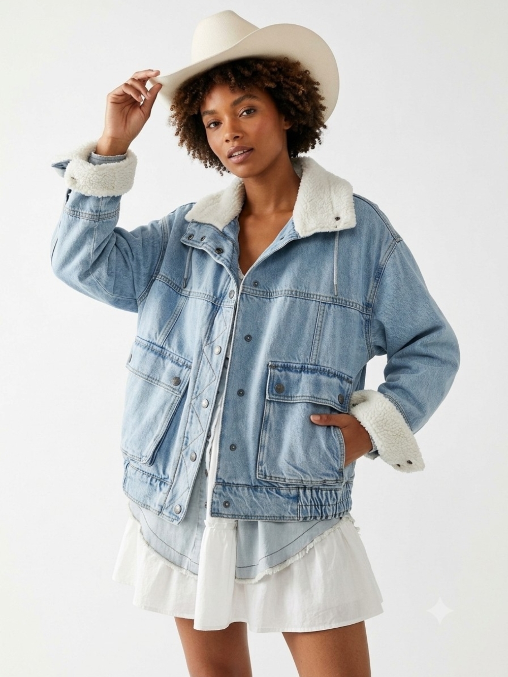 We The Free Ariel Cozy Denim Bomber Jacket SZ L